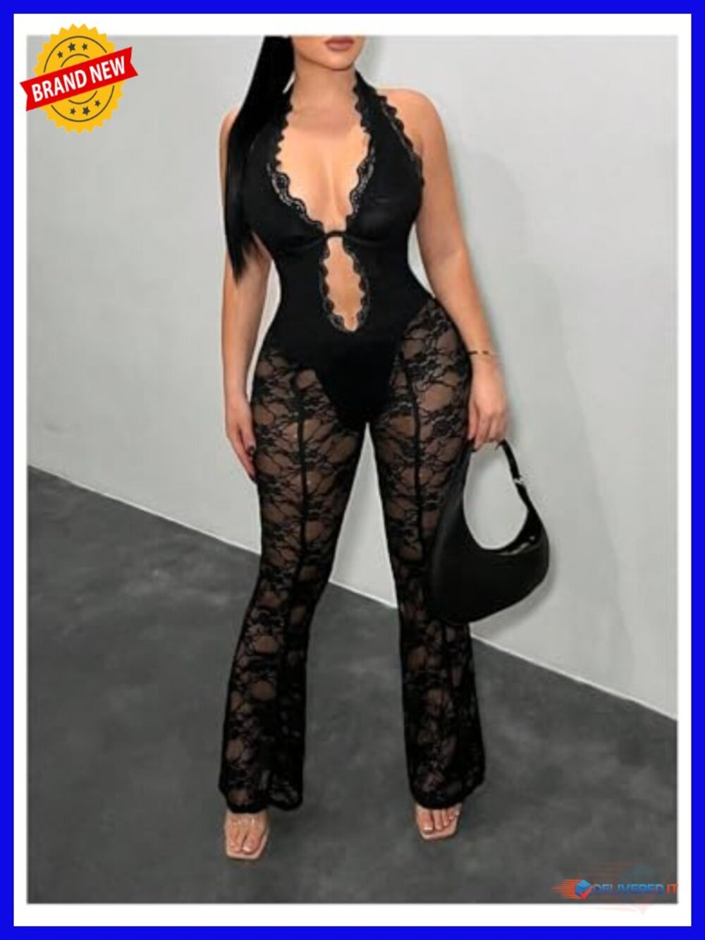 Deep V Neck Backless Halter Bodycon Sheer Lace Jumpsuit Clubwear - Picture 4 of 4
